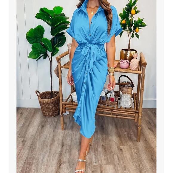 NWT BTFBM Blue Button-Down Ruched Midi Shirt Dress Size L Belted Office Career - Picture 1 of 11